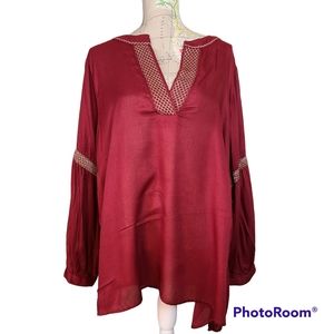 Lane Bryant Size 18-20 Dark Red Gold Trim Banded V-Neck Bishop Sleeve Blouse